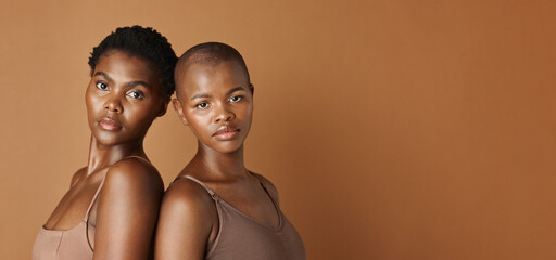 Wellness, face or black women with beauty, glowing skin or results isolated on brown background....