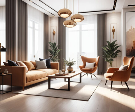 The image showcases a modern and elegant living room with contemporary furniture and decor. The room is well-lit, thanks to the natural light coming in through the large windows.