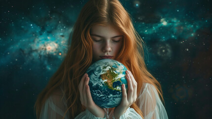 Naklejka premium Beautiful woman holding planet Earth. 