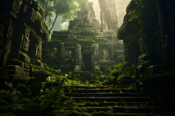 Fototapeta na wymiar Alter, verwitterter Aztekentempel im Dschungel, Tempelanlage, erstellt mit generativer KI