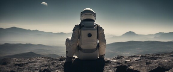 Seated astronaut, seen from behind, looking at the landscape of another planet.