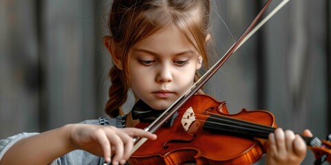 Little cute girl learning to play the violin - Powered by Adobe