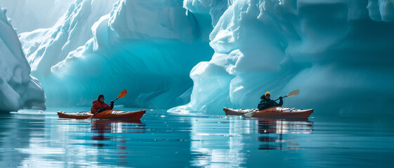 Kayakers glide on serene waters, dwarfed by the majestic blue ice caverns towering above in a tranquil polar realm