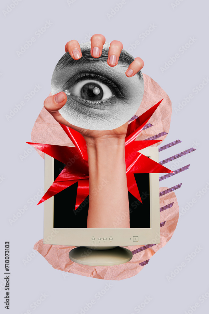 Poster vertical creative photo collage pc monitor screen human hand holding watching eye espionage observe 