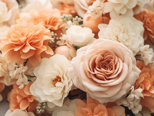 Peach, pink flower arrangement. Beautiful peach fuzz background with bunch of beige, peach and pink roses, peonies, carnations, sweet pea and ranunculus