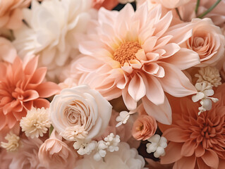 Peach, pink flower arrangement. Beautiful peach fuzz background with bunch of beige, peach and pink roses, peonies, carnations, sweet pea and ranunculus