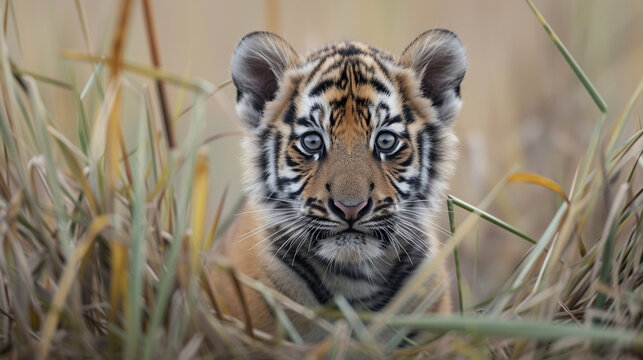 A tiger cub in the savannah