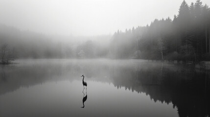 Fototapeta na wymiar A crane on a lake in the forest in dense fog, black and white image