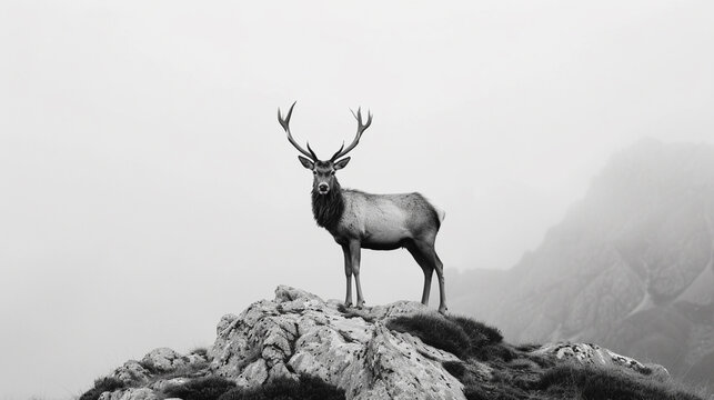 A deer on a high peak, black and white image