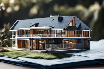 modern generic contemporary style miniature section model of residential building with blueprint...