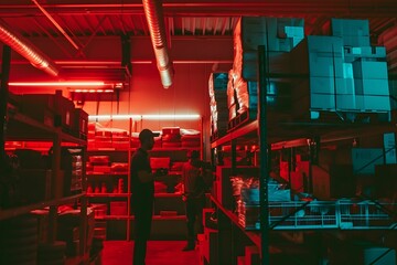 Bold and Busy Warehouse - Dreamlike Scene with Workers on Shelves Amidst Boxes, Embracing a Hazy and Firecore Aesthetic