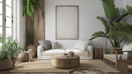 Home interior with poster mockup, Scandinavian Bohemian style. Generative Ai