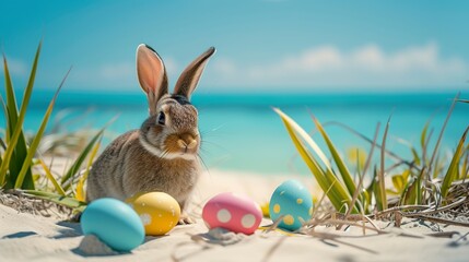 A playful bunny explores the beach with colorful eggs by the sea. On the beach sand, a rabbit artistically arranged in a charming scene. Easter joy and vibrancy concept. - obrazy, fototapety, plakaty