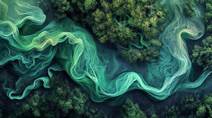 An aerial view of a river, its waters replaced by flowing silk in varying shades of emerald green, meandering through a forest.