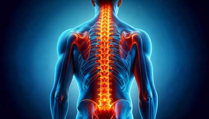 AI generated illustration of a human figure with a highlighted spine, indicating pain