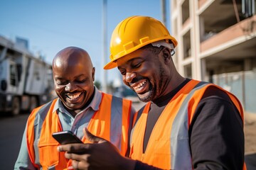 Joyful Construction Workers Sharing Content on Smartphone at Site