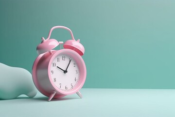 pink alarm clock on pastel blue background. minimal concept. 3D rendering. Generative AI