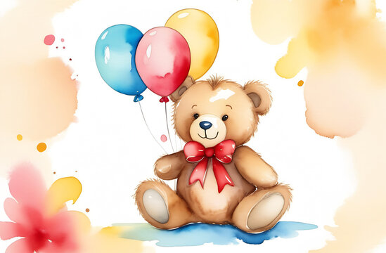 Brown teddy toy bear and balloons in watercolor on a background of pastel shades. Congratulations, birthday, children's card