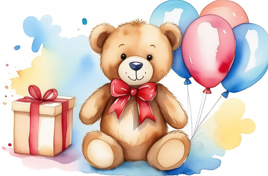 Brown teddy toy bear, balloons and gift in watercolor on pastel shades background. Congratulations, birthday, children's card