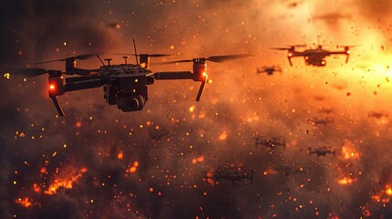 Modern drones flying over burning battle fields. Drones and flames. Future wars. - obrazy, fototapety, plakaty