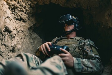 Soldier drone operator using VR googles to fly drone from the cover. Drone wars. - obrazy, fototapety, plakaty