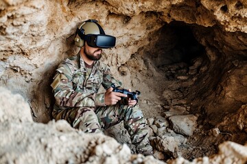 Soldier drone operator using VR googles to fly drone from the cover. Drone wars. - obrazy, fototapety, plakaty