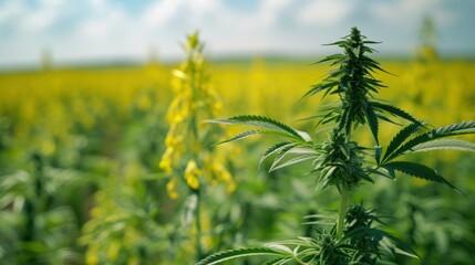 Hemp field in the front of picture and rapeseed field behind it