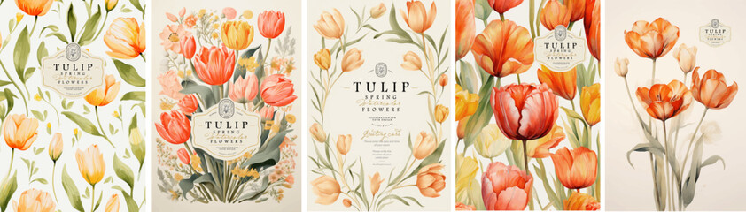 Fototapeta premium Tulips. Spring flowers. Watercolor elegant bright illustration of floral seamless pattern, frame, border, leaves, logo for abstract greeting card, wedding invitation or background