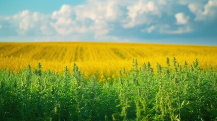 Fototapeta premium Hemp field in the front of picture and rapeseed field behind it