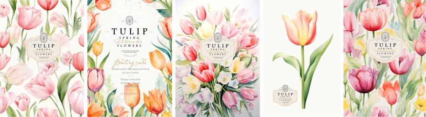 Fototapeta premium Tulips. Spring flowers. Watercolor delicate illustration of floral seamless pattern, frame, border, leaves, logo for abstract greeting card, wedding invitation or background