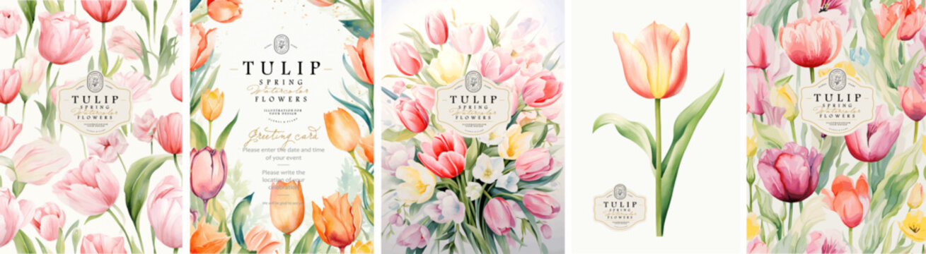 Tulips. Spring flowers. Watercolor delicate illustration of floral seamless pattern, frame, border, leaves, logo for abstract greeting card, wedding invitation or background