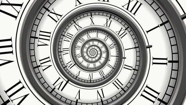 Spiral with clock watch dial horizontal. Metaphor of infinity of time. Transience of time. Limited life time. Conceptual video animation. High quality 4k footage