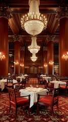 Fototapeta na wymiar Opulent classic luxury restaurant adorned with mahogany tables and plush chairs under sparkling chandeliers