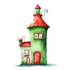 Watercolor illustration of red cute quirky house isolated on background, PNG transparent background