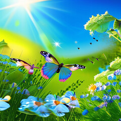 Fototapeta na wymiar A beautiful butterfly flower garden down green grass Generative AI