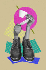 Collage 3d image of pinup pop retro sketch of hands hold coffee house tea cup man shoes sales shopping weird freak bizarre unusual fantasy