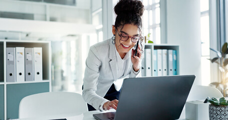 Phone call, laptop and happy corporate woman, advocate or attorney smile for online results,...