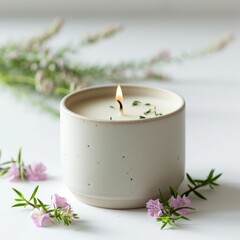 Candle on a white background with pink flowers. Minimalism. AI created.
