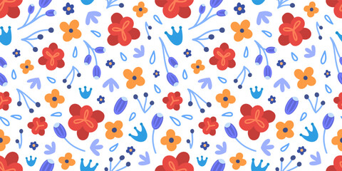 Floral seamless pattern. Hand drawn beautiful flowers. Colorful repeating background with blossom. Design for banner, wallpaper, textiles, wrapping paper, cover notebook, header. Vector illustration