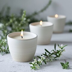 Three candles in a row on a white background with green branches and flowers. AI created.
