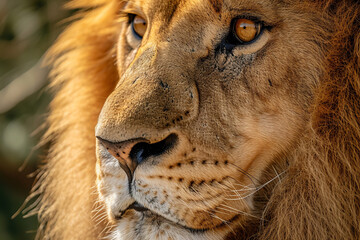A close-up of a lion's face, with a focused gaze