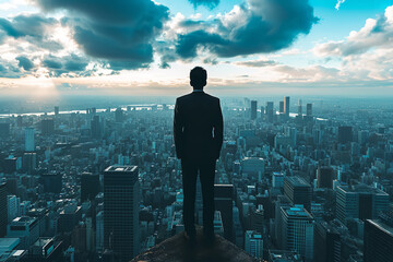 Depict a person in a business suit standing confidently at the edge of a skyscraper - gazing over a...