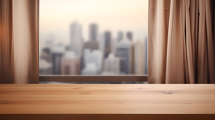 wooden table top on blurred background of half curtained window, generative ai