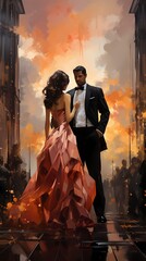 Elegant figures in evening wear standing on clouds that reflect the colors of a city at twilight, creating a scene that captures the glamour of urban nightlife