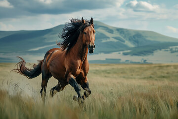 A majestic horse galloping freely across an open field