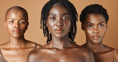 African, face or natural models with skincare, glowing skin or afro isolated on brown background....