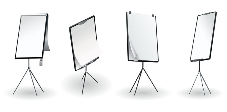 Flipchart mockup set at different angles. Presentation and seminar whiteboard with blank paper sheets. Flip chart on tripod with space for text, vector illustration isolated on white background