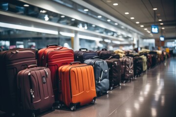 Row of various suitcases in airport terminal luggage shop - obrazy, fototapety, plakaty