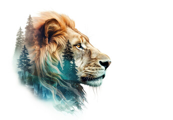 Isolated portrait of a majestic lion head and rich forest on a white background using the overlay picture technique. wild animals. Generative AI.