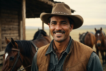 A cowboy smiling and horses behind. Generative AI.